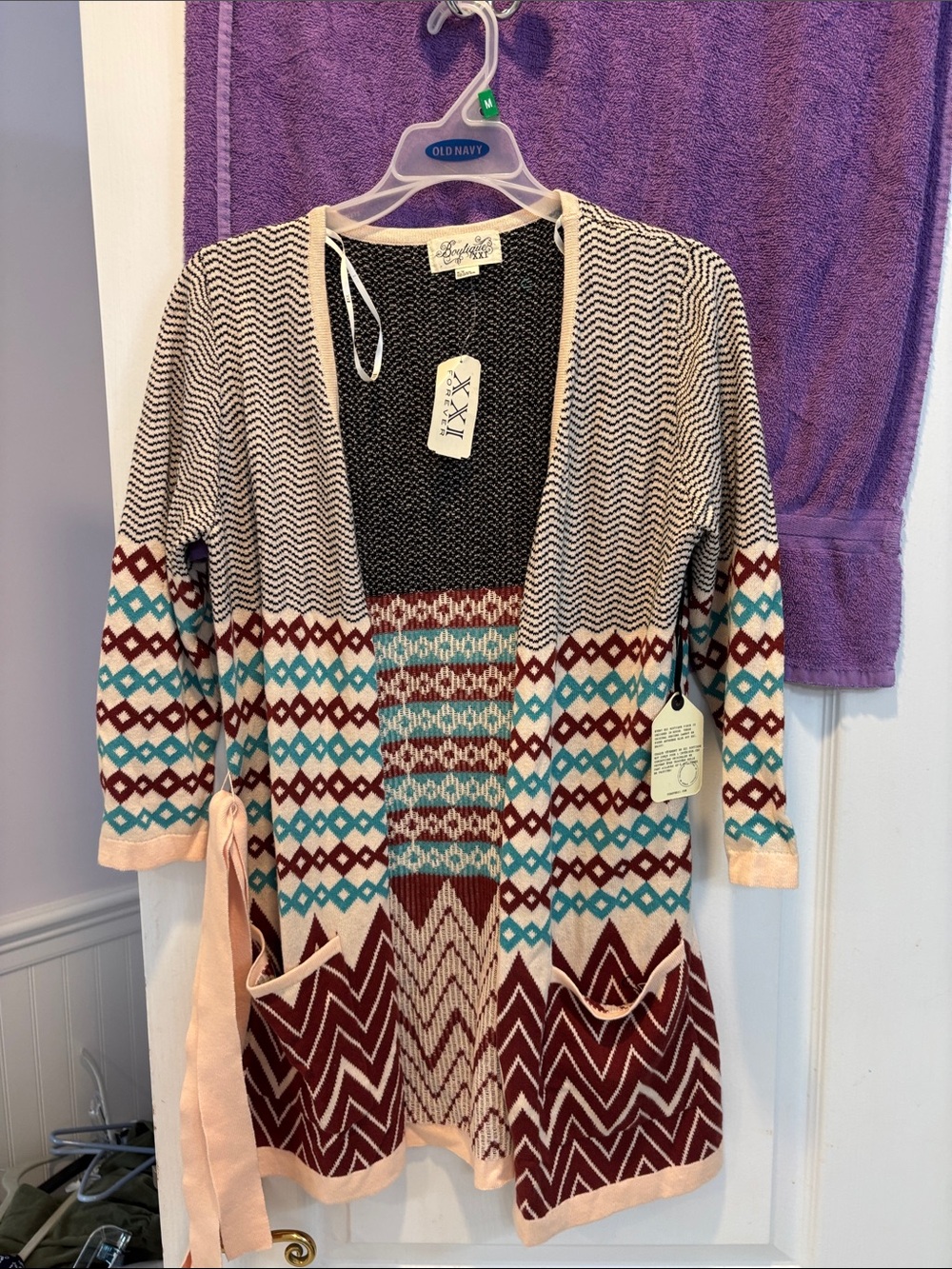 NWT Forever 21 Cream, Maroon & Teal Patterned Open Cardigan